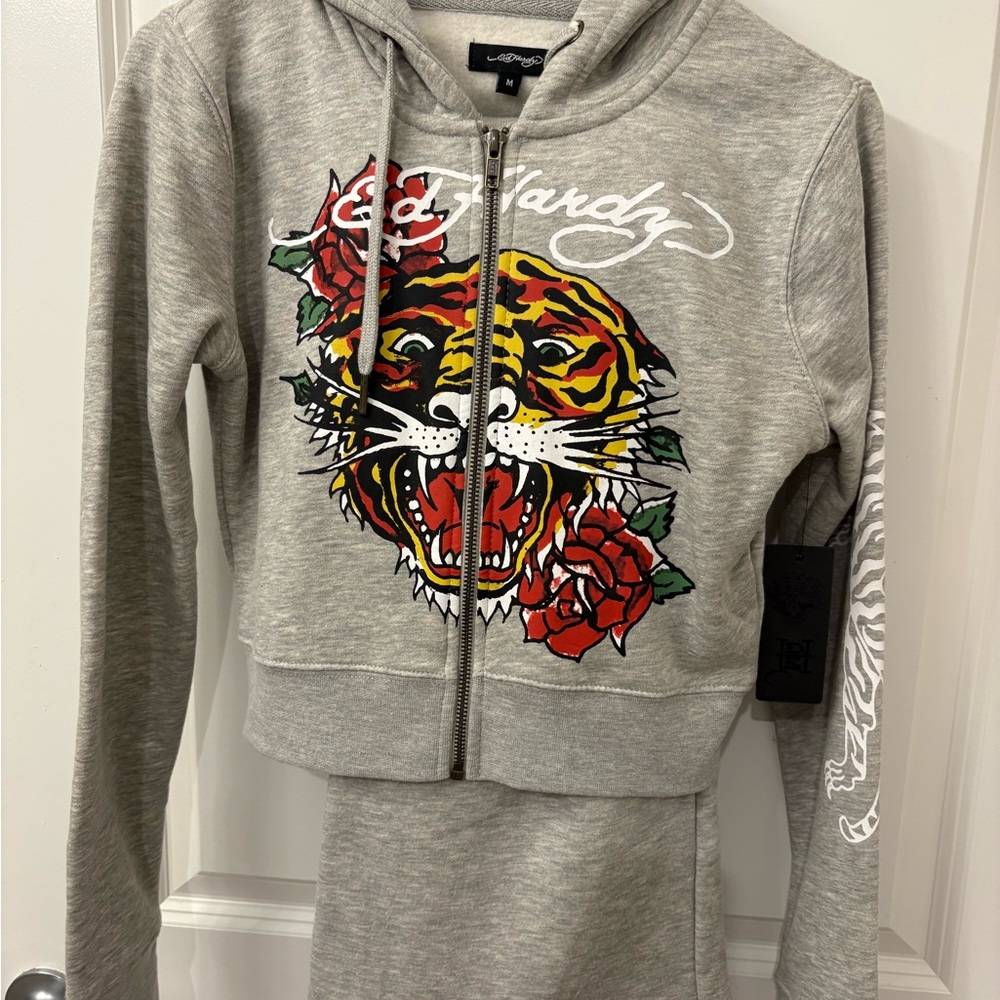 Ed Hardy Light Gray Cropped Hoodie Set